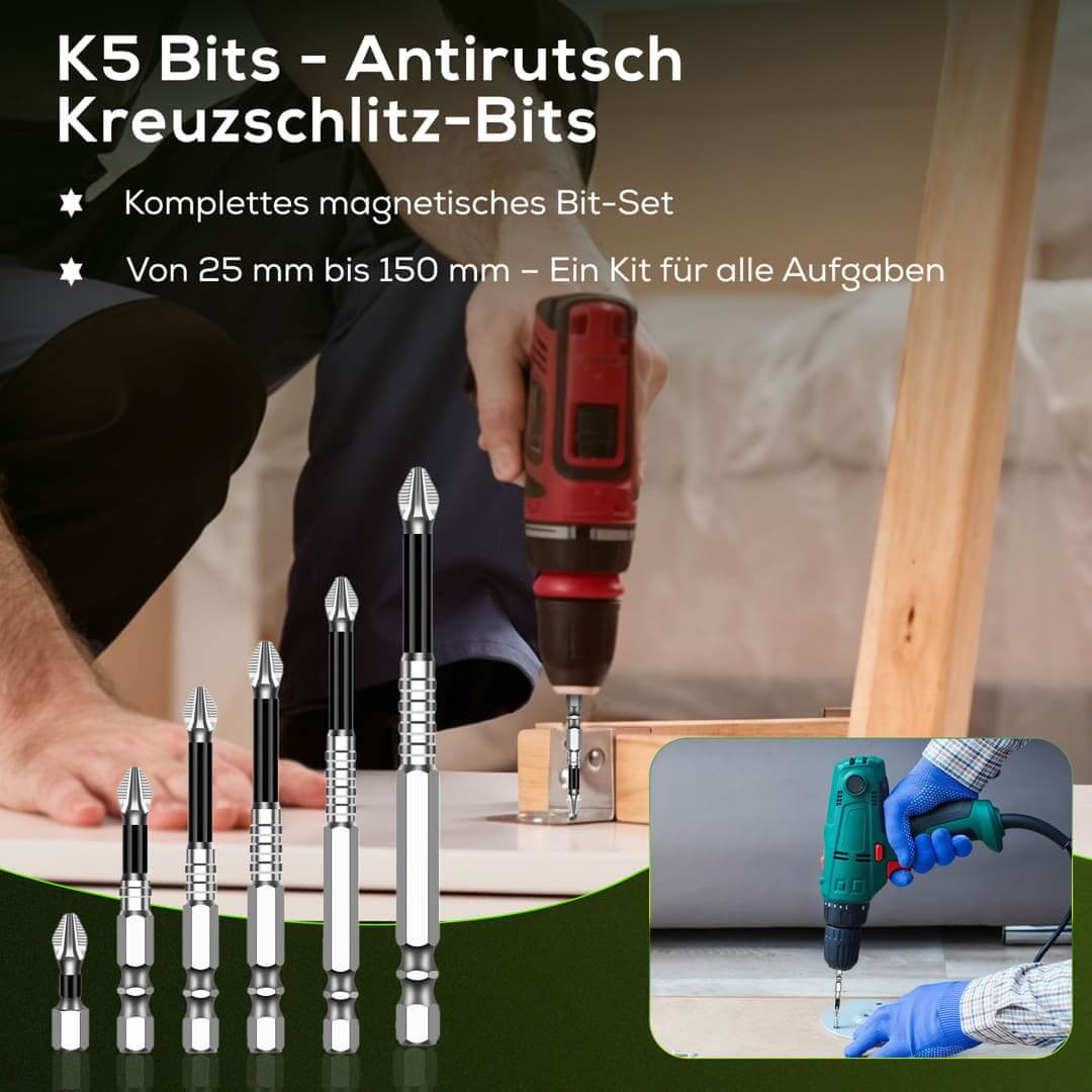 K5 Anti-Rutsch Kreuzschlitz-Bits – Langlebig &amp; Magnetisch