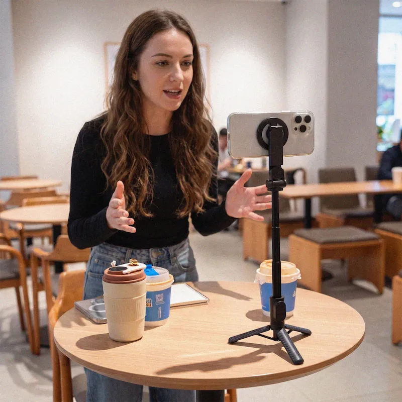 Frau macht Gruppenfoto mit MagStick Pro als Stativ