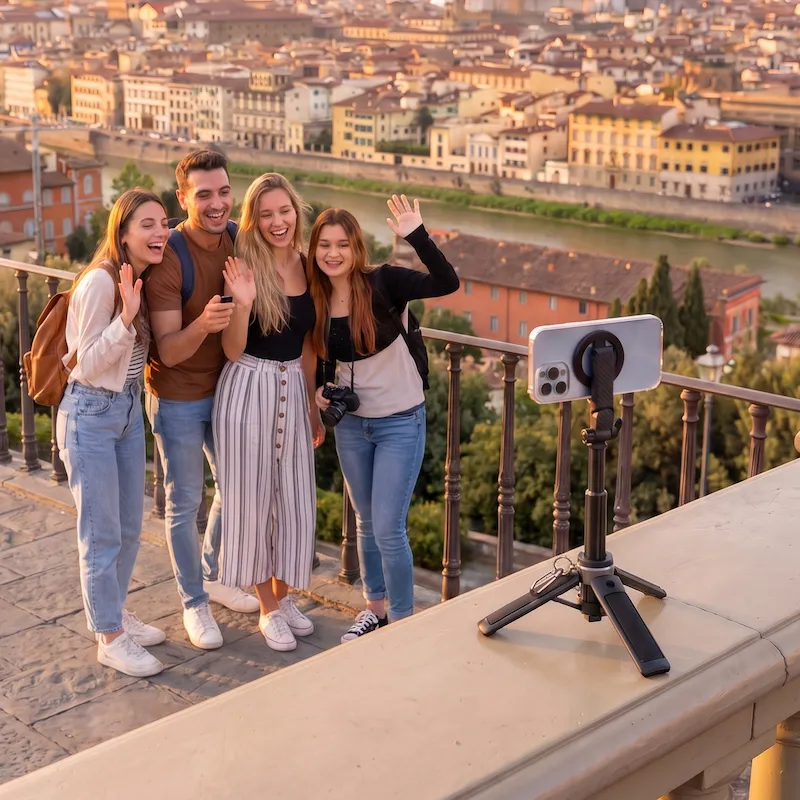 Gruppenfoto auf Reisen mit dem MagStick Pro als Stativ